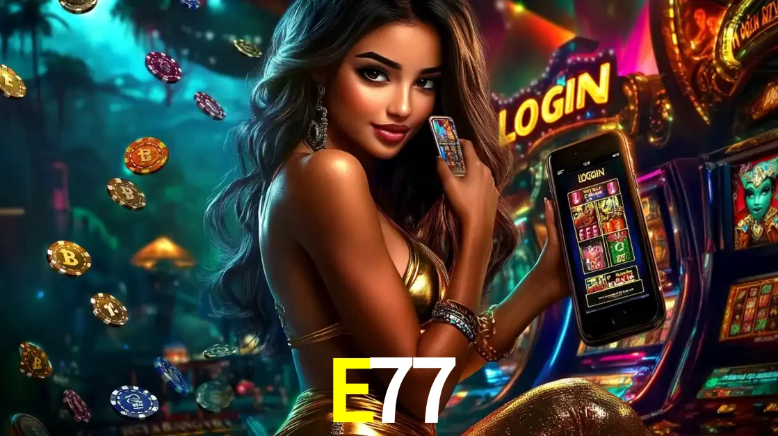 Mulher em um cenário de cassino temático de aventura, mostrando o app de caça-níqueis da E77 no celular. Fichas de apostas flutuam ao redor.