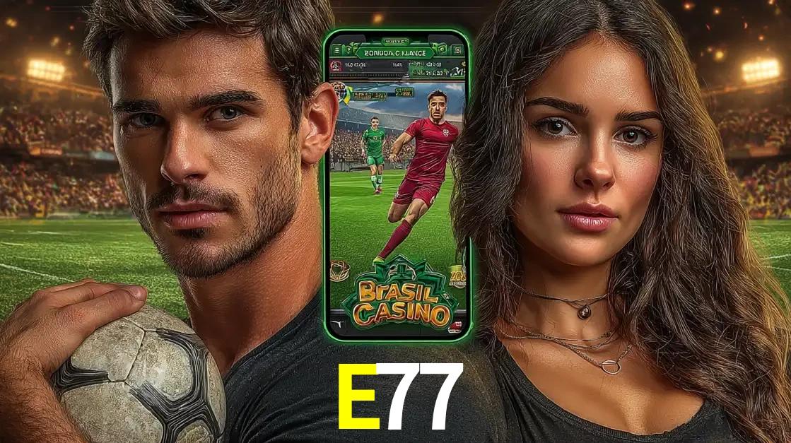 Homem segurando uma bola de futebol e uma mulher ao lado de um smartphone exibindo o jogo de apostas esportivas da E77. Faça seu palpite no cassino online.